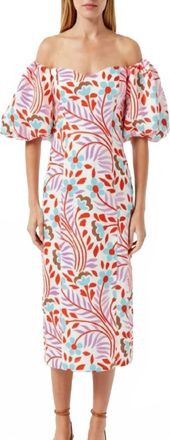 Rhode Resort Karima Off The Shoulder Linen Midi Dress In Lago Vine Print