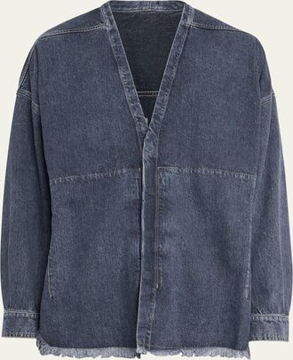 DRKSHDW RICK OWENS Mens Denim Fringe-Hem V-Neck Overshirt
