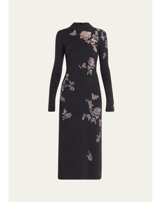 Oscar De La Renta Floral Embroidered Knit Long-Sleeve Midi Dress