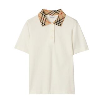 Burberry Tops, Dames, Wit, L, Katoen, Polo Shirt met Ruitjeskraag van Katoen