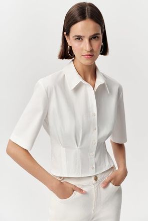 Exquise Charm Fitted Pleated Cropped Shirt in Bone at Nordstrom, Size X-Small