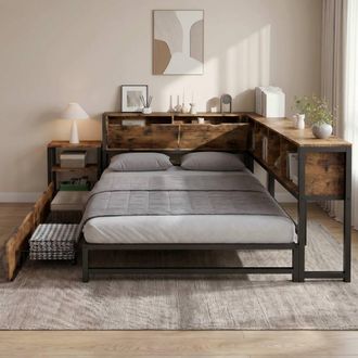 Merax 4ft6 Double Rustic Brown Metal Storage Bed with Bookshelf & Drawers