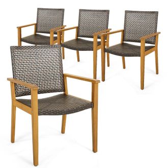 Costway Costway Patio Dining Chairs Set of 4 Outdoor Acacia Wood & PE Wicker Chairs with Armrests in Brown