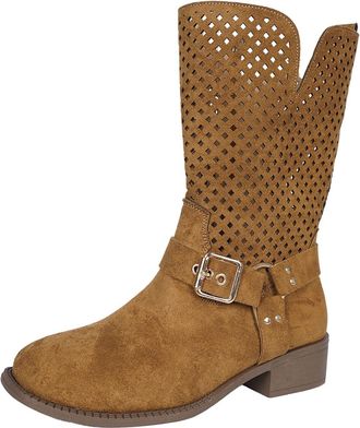 Generic Womens Fashion Mid Calf Boots Side Zipper Breathable Hollow Out Design Comfortable Booties for Autumn Winter Wear(Brown, 5.5)