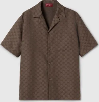 Gucci GG Canvas Linen Blend Bowling Shirt, Size 42, Brown, Ready-to-wear