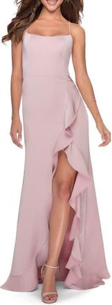 La Femme Ruffle Prom Dress with Scoop Neck and Lace Up Back in Mauve at Nordstrom, Size 10
