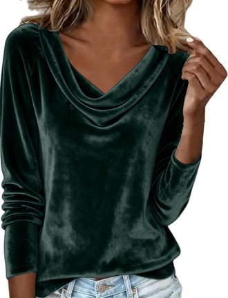 Generic Velvet Tops for Women Elegant Cowl Neck Pleated Blouse Dressy Casual Going Out Puff Long Sleeve Tops Autumn Clothes (Z06-Green, L)