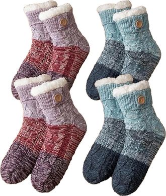 Generic Knitted Ultra-Thick Slipper Home Socks,Tri-color Knit Patchwork Non-Slip Warm Winter Socks,Fleece Lined Warm Comfort for Lounge Women (4, Purple+Blue 