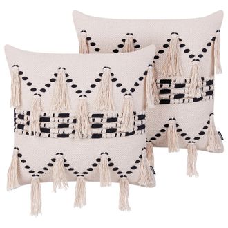 Beliani Conjunto De 2 Cojines Decorativos De Algod&oacute;n Beige 45 X 45 Cm Con Borlas Boho Retro Decoraci&oacute;n Accesorios Thondi