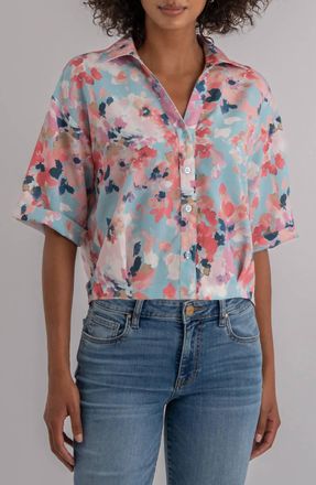 Kut from the Kloth Donna Floral Short Sleeve Button-Up Shirt In Sky