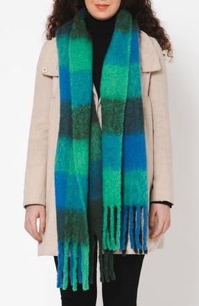 Vismaya Buffalo Check Wool Blend Fringe Scarf in Blue Green at Nordstrom Rack