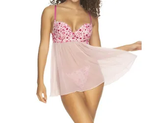 Felina Besame Printed Lace & Mesh Babydoll Chemise With G-String In Sugar Glaze