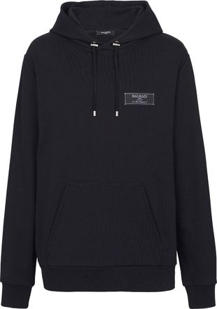 Balmain logo-patch cotton hoodie - men - Cotton - L - Black