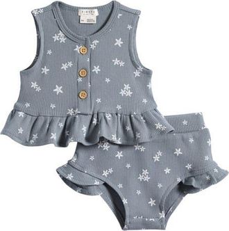 Petit Lem Starfish Peplum Stretch Organic Cotton Rib Top & Bloomers Set in Dusty Blue at Nordstrom, Size 12M
