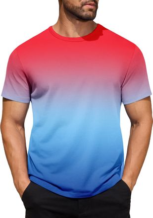 Generic Mens Gradient Striped Contrast T-Shirt Soft Breathable Cotton Crew Neck Short Sleeve Tees Casual Summer Gym Essentials