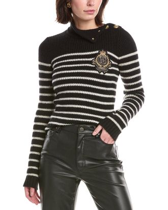 Balmain High Neck Striped Cashmere & Wool-Blend Pullover