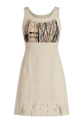 M&oacute;veis Conquista Mouwloze beige jurk met artistieke print