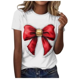 Generic Christmas Blouse Tops Woman Ladies Short Sleeve Tshirts Christmas Tree Printed Basic Tees Shirt Pullover Crew Neck Xmas Loose Sweatshirts Christmas T-