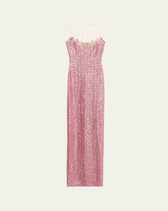 Naeem Khan Illusion Yoke Sequined Floral Applique Sleeveless Gown