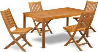 East West Furniture CMDK5CWNA 5-Pc Outdoor Coffee Table Set- 4 Outdoor Folding Chairs Slatted Back and Modern Coffee Table and Rectangle Top with Wood 4 legs - Natural Oi