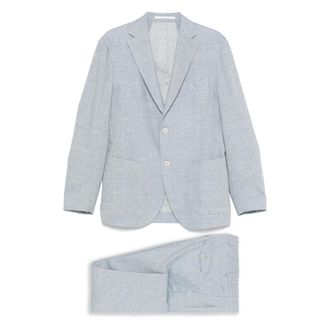 Eleventy Kostuums, Heren, Blauw, L, Wol, Linnen/Wollen pak met twee knopen