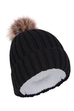 Mountain Warehouse Geneva Fur Lined Womens Fluff Beanie - Lightweight, Compact, Easy to Pack, Soft Fleece Lining & Fluffy Pom Pom - Ideal for Jet Black (Fur Lined) One S