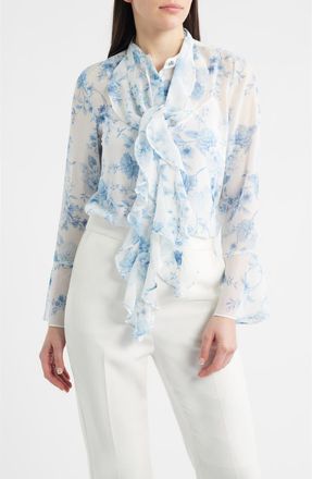 Anne Klein Ruffle Tie Neck Top in Crisp White Multi at Nordstrom, Size X-Large