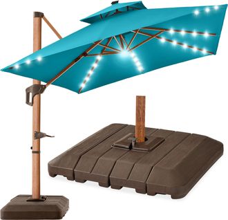Best Choice Products 10ft Square Woodgrain Pattern 2-Tier Outdoor Solar LED Cantilever Umbrella w/ Base