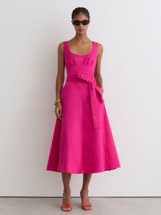 Reiss Pink Cotton Belted Midi Dress With Stretch, 12