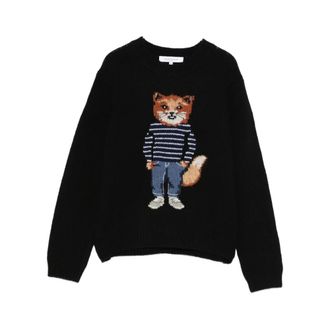 Maison Kitsun&eacute; Round-neck Knitwear, female, Black, Size: XS Dressed Fox Intarsia Wool Jumper