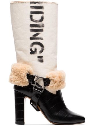 Off-white beige For Riding print canvas shearling boots - women - Cotton/Leather/Leather/Leather - 36 - Neutrals