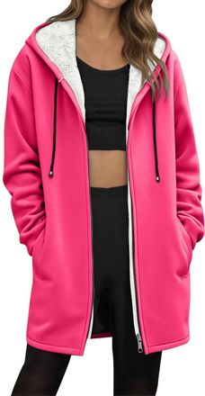 Generic Long Fleece Hoodies for Women Oversized Zip Up Hoodie Tunic Sweatshirts Long Sleeve Fall Winter Jacket with Pocket Hot Pink