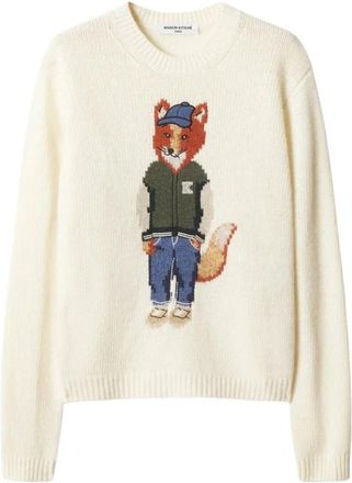Maison Kitsun&eacute; Dressed Fox Intarsia Wol Trui - Dames - Ronde hals truien - Beige - XS - Wol - Truien & Vesten