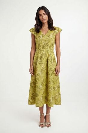 Wallis Womens Floral Jacquard Cap Sleeve Midi Dress - Yellow Viscose - Size 20 UK