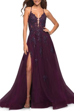La Femme Tulle A-line Dress with Jeweled Lace Appliques in Dark Berry at Nordstrom, Size 00