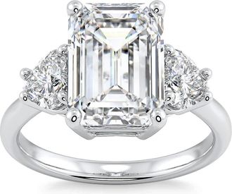 Pompeii3 Certified 4 1/2Ct Emerald & Heart 3-Stone Diamond Ring 14k Gold Lab Grown