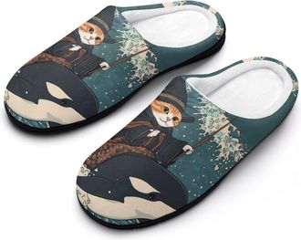 Generic Cat Whale Japanese Ocean Wave Womens Slippers Warm House Slippers Indoor House Shoes with Anti-Skid Rubber Sole