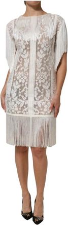 Dolce & Gabbana Bloemenkant met Franjes Knielange Jurk - Dames - Feestkleedjes - Wit - S - Katoen - Kleedjes