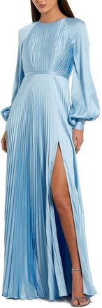 Mac Duggal Pleated High Neck Raglan Long Sleeve Side Slit Gown in Ice Blue at Nordstrom, Size 18