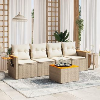 vidaXL Juego De Sof&aacute;s Jard&iacute;n Con Cojines 5 Pzas Rat&aacute;n Sint&eacute;tico Beige Vidaxl
