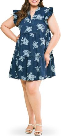 Flying Tomato Printed Denim Babydoll Dress in Blue White at Nordstrom Rack, Size 2 X