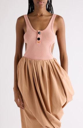 Chlo&eacute; Cutout Flatlock Rib Cotton Jersey Henley Tank in Coral Sand at Nordstrom, Size Medium