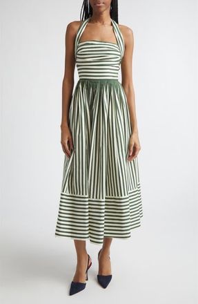 Carolina Herrera Stripe Cotton Blend Halter Dress in Ivory/racing Green at Nordstrom, Size 14