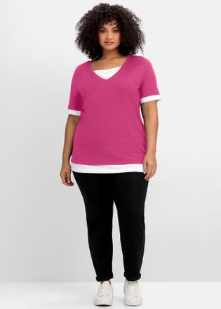 Sheego 2-in-1-Shirt SHEEGO 2-in-1-Shirt, Damen, Gr. 44/46, fuchsia, wei&szlig;, 60% Baumwolle, 40% Polyester, gemustert, mehrfarbig, Rundhals, Shirts 2-in-1-Shirt