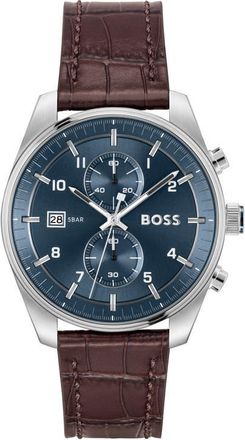 BOSS Skytraveller Chronograph Croc Embossed Leather Strap Watch, 44mm in Blue at Nordstrom