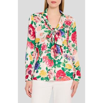 Tahari by ASL Floral Print Tie Neck Top in Ivory Multi at Nordstrom, Size X-Small