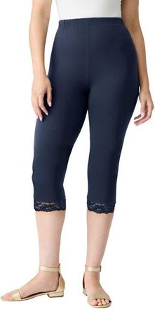 Roaman's Lace Trim Essential Stretch Capri Legging in Navy at Nordstrom, Size Medium