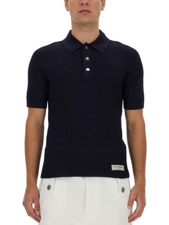 Balmain Mens Polo With Logo Patch - Navy Merino - Size X-Large
