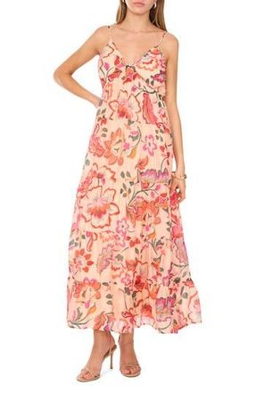Halogen Tiered Babydoll Midi Dress in Peach Multi at Nordstrom Rack, Size X-Small