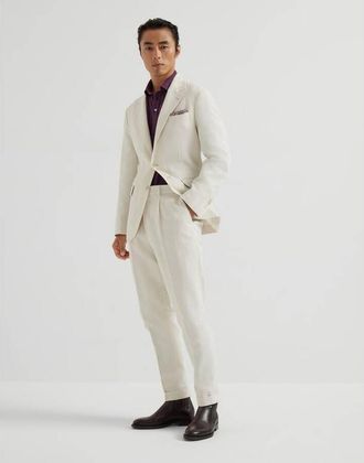 Brunello Cucinelli Mens English White Cotton Linen Suit, Size 52